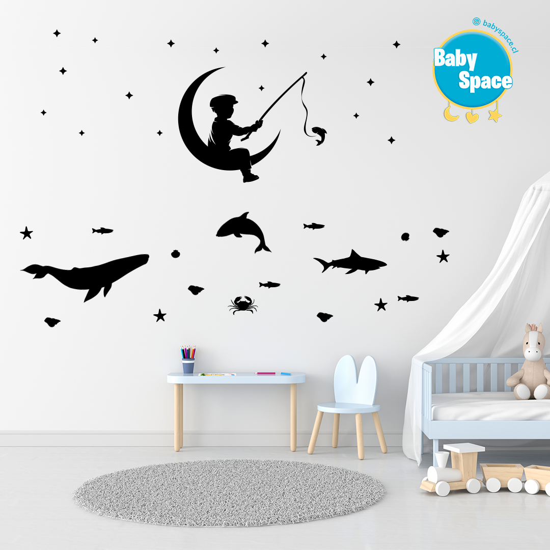 Niño pescador luna y peces